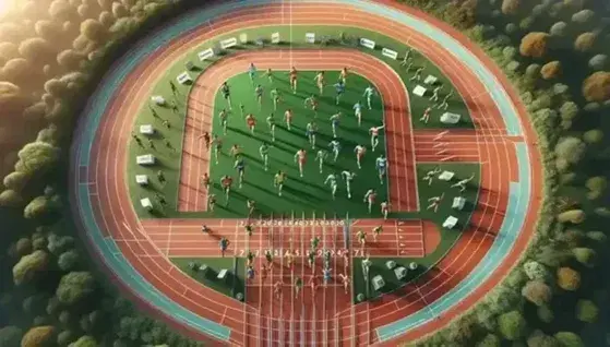 Pista di atletica con atleti in corsa e lancio del giavellotto su campo interno, in una giornata soleggiata.