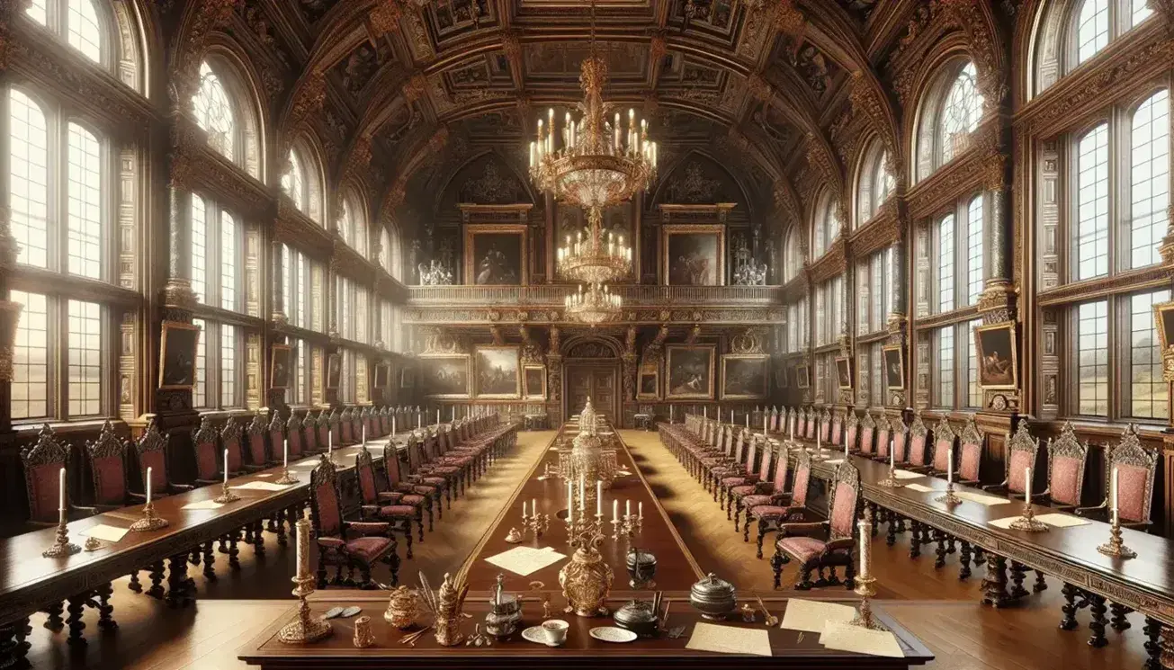 Grand hall with high ceilings, arched windows, ornate wood paneling, gilded mirrors, a long table with red velvet chairs, and crystal chandeliers.