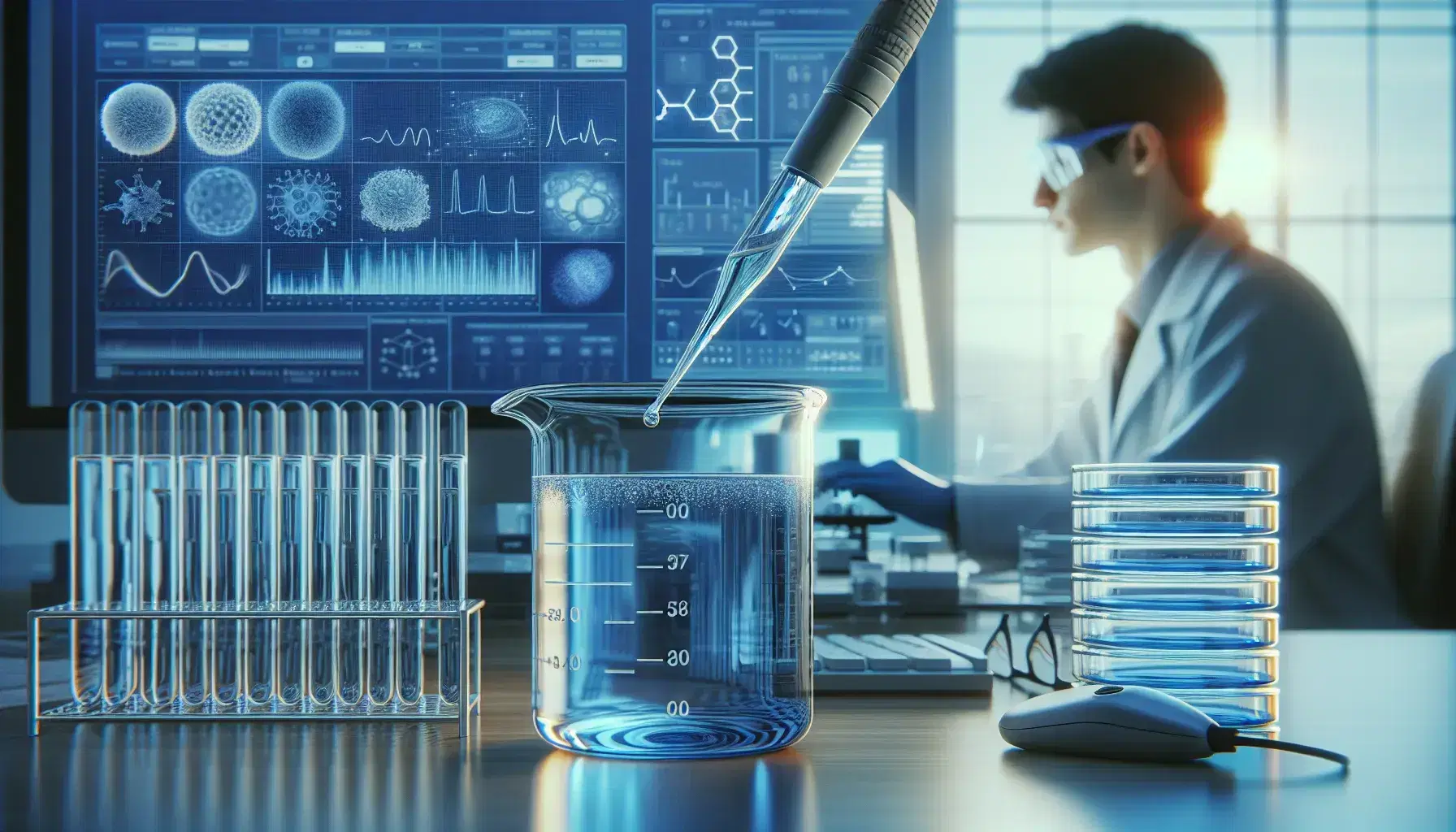 Science laboratory with glass beaker containing blue liquid, pipette, blurry timer, stacks of colorful petri dishes and researcher at computer.