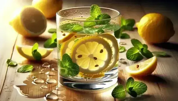 Vaso transparente con agua, rodajas de limón amarillo y hojas de menta verde flotando, sobre superficie de madera clara con gotas de agua.