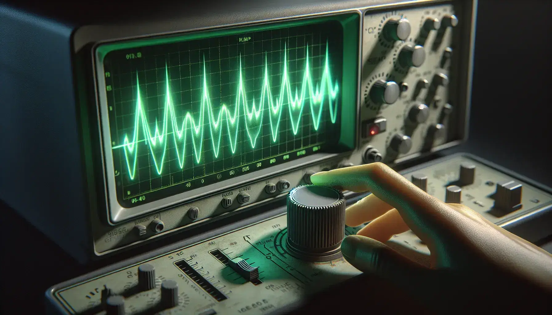 Bright green sound wave on oscilloscope screen with dark background, hand adjusts a knob, metal microphone on black stand beside.