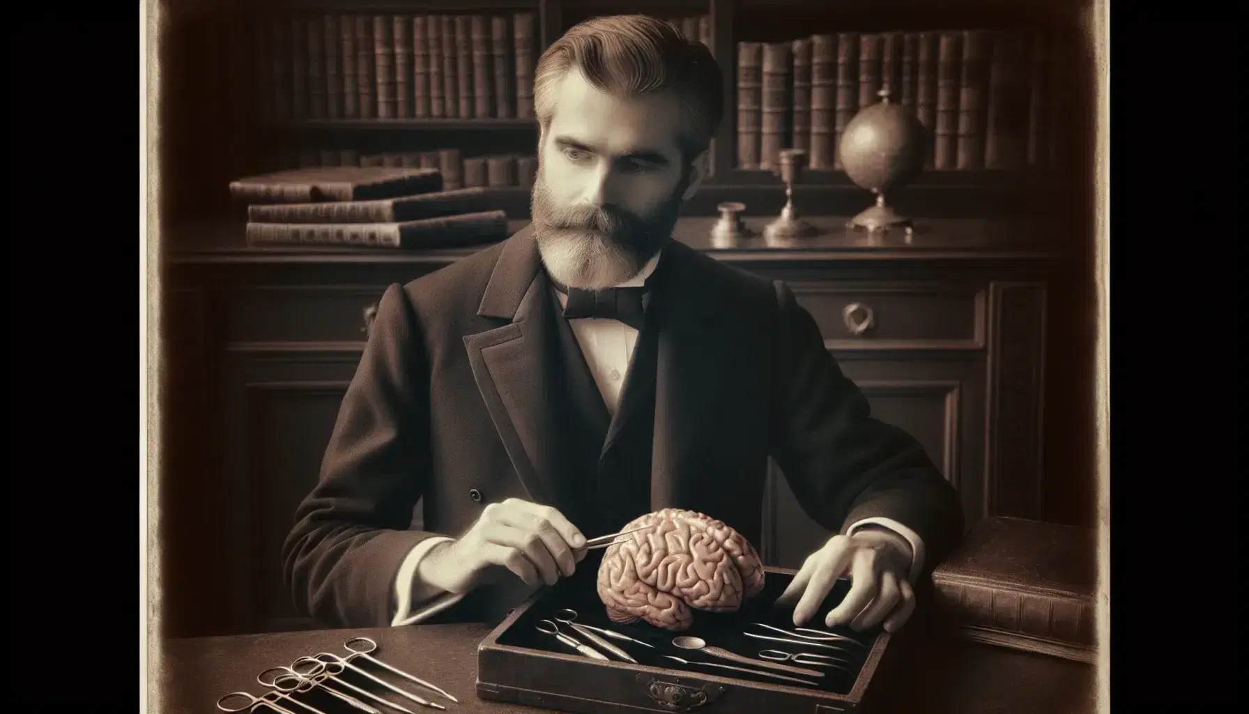 Distinguished man in 19th century formal clothing examines a human brain, with surgical tools on a velvet tray, in a room with books and anatomical papers.