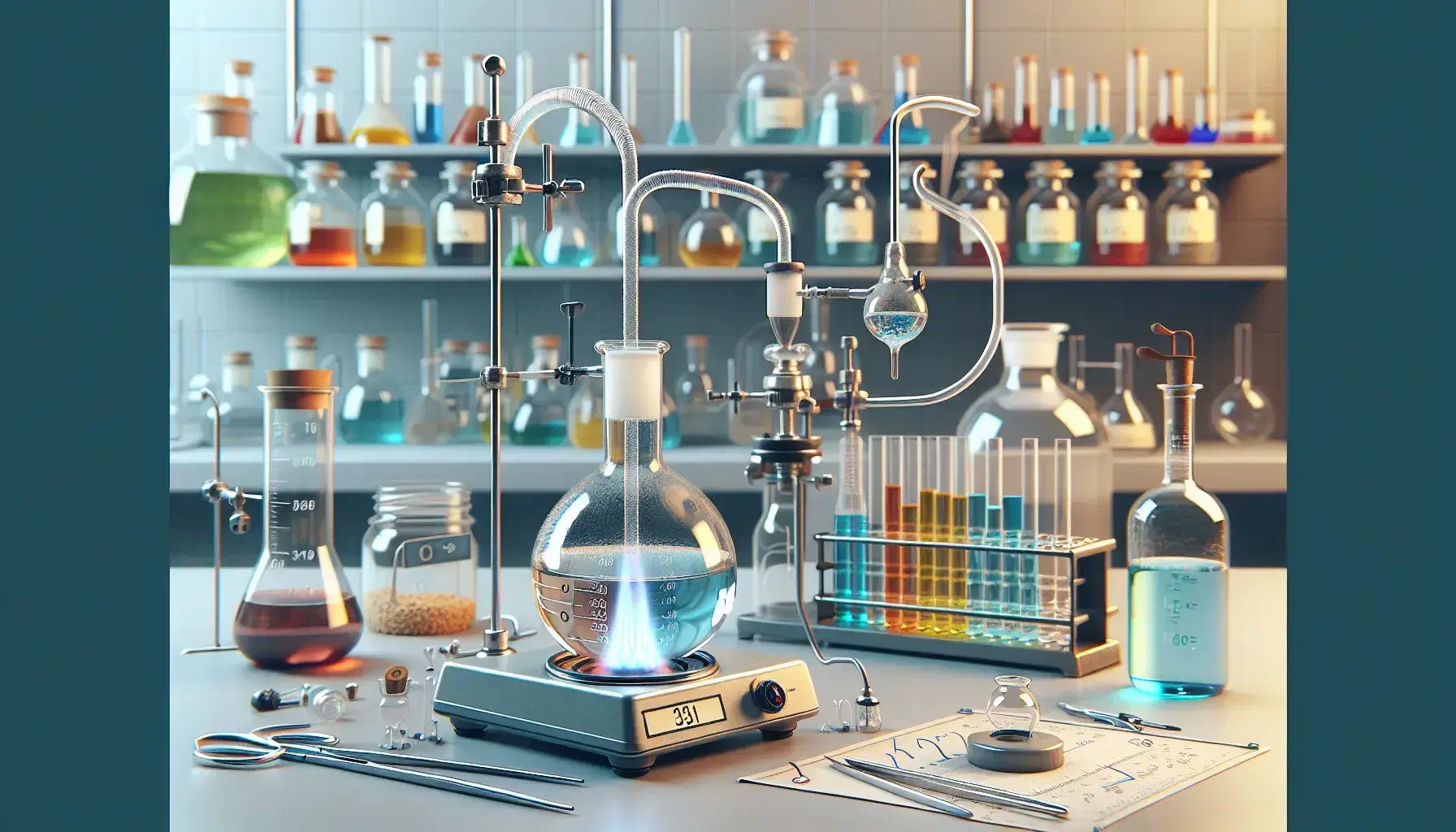 Laboratorio científico con experimento de termoquímica, Erlenmeyer con líquido azul y termómetro, y mechero Bunsen encendido.