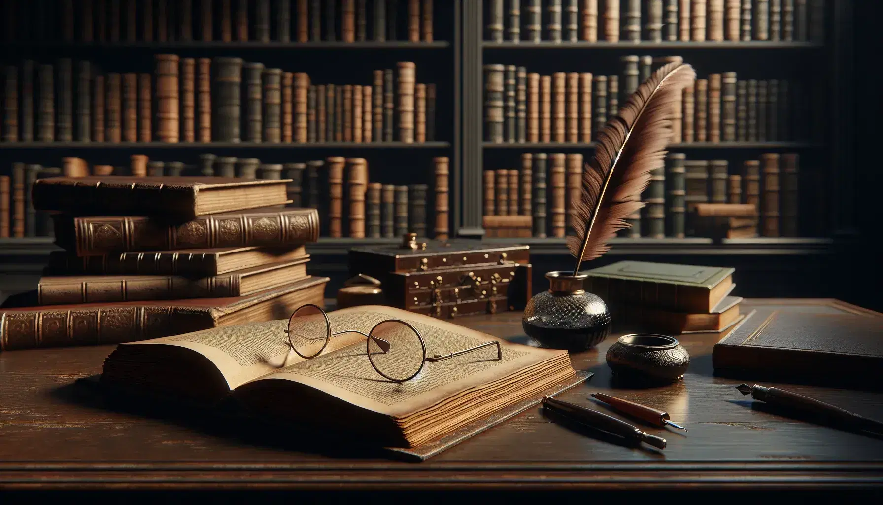 Antique wooden desk with open book, wire-framed glasses, and quill in inkwell, flanked by bookshelves and a brass chandelier in a dim study room.