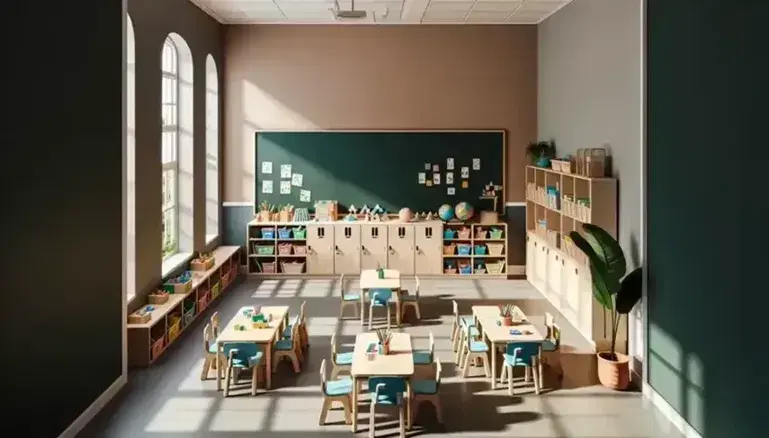 Aula de primaria con mesas agrupadas, sillas azules, pizarra verde, estanterías con libros y objetos didácticos, planta y globo terráqueo.
