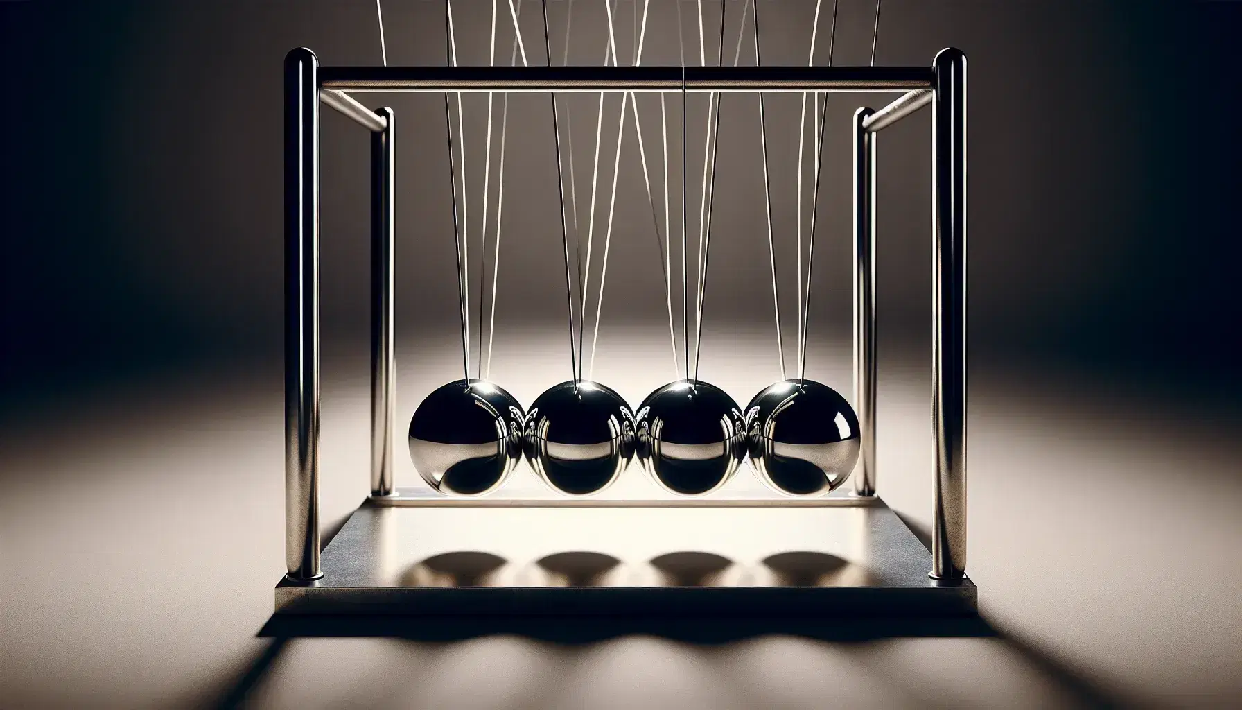 Newton's cradle with five metallic spheres demonstrating laws of motion, one sphere raised at peak potential, against a neutral backdrop.
