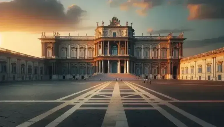 Vista frontale del Palazzo Reale di Caserta al tramonto, con facciata barocca illuminata da toni caldi e piazza antistante animata da visitatori.
