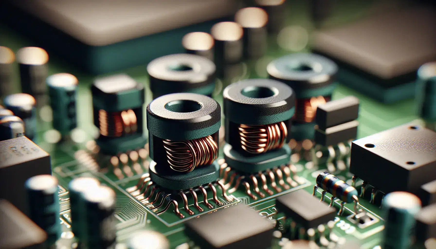 Close-up of electronic circuit board with three black cylindrical inductors connected by zigzag copper traces, against a blurred background of various components.