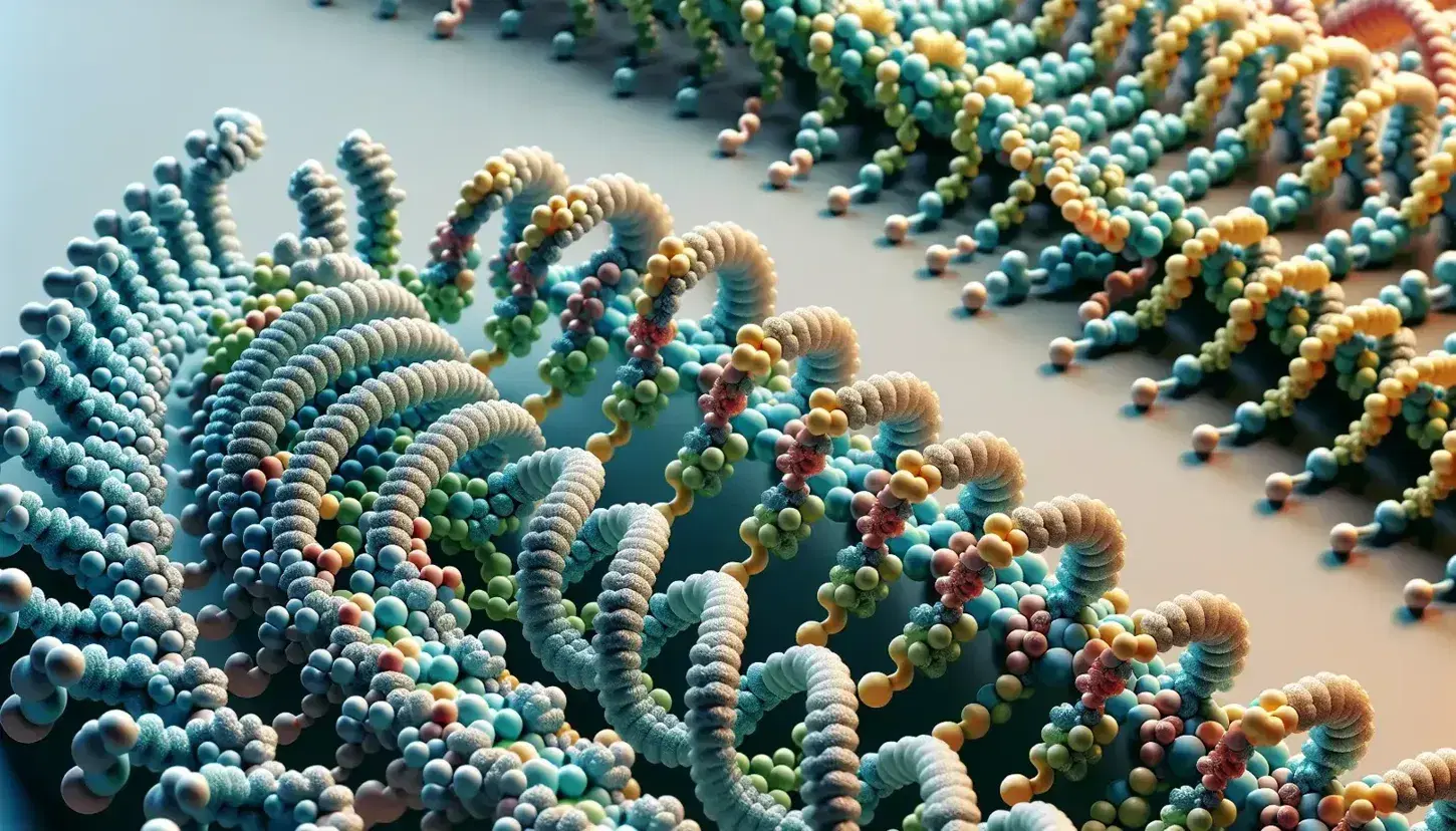 3D molecular model with alpha helix colored blue to red and pleated beta sheet in pastel green and yellow on gradient background.