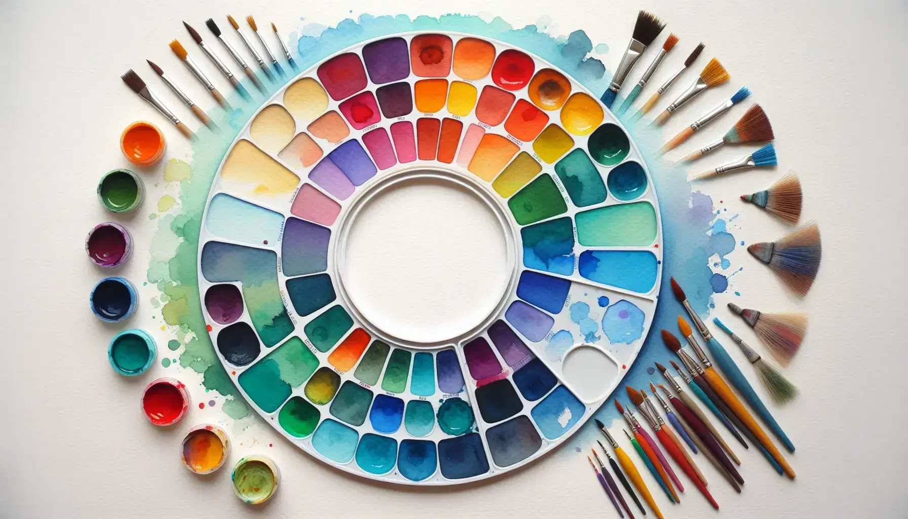 Vibrant watercolor paint palette with mixed color gradients on paper and a collection of various paintbrushes in the background.