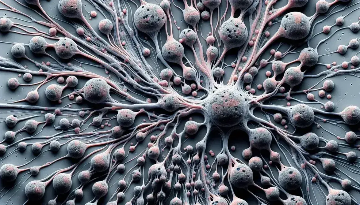 Vista microscópica de tejido nervioso con neuronas interconectadas, somas celulares y red compleja de axones y dendritas.