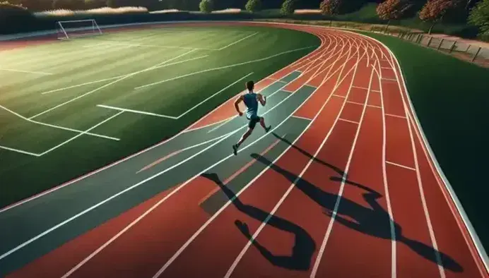 Atleta in maglia blu e pantaloncini neri corre su pista di atletica rossa con linee bianche, ombra marcata, sfondo verde e cielo azzurro.