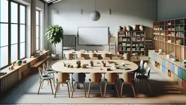 Aula scolastica con tavolo ovale, sedie ergonomiche colorate, scaffali con materiali didattici, pianta verde, lavagna bianca e finestra aperta.