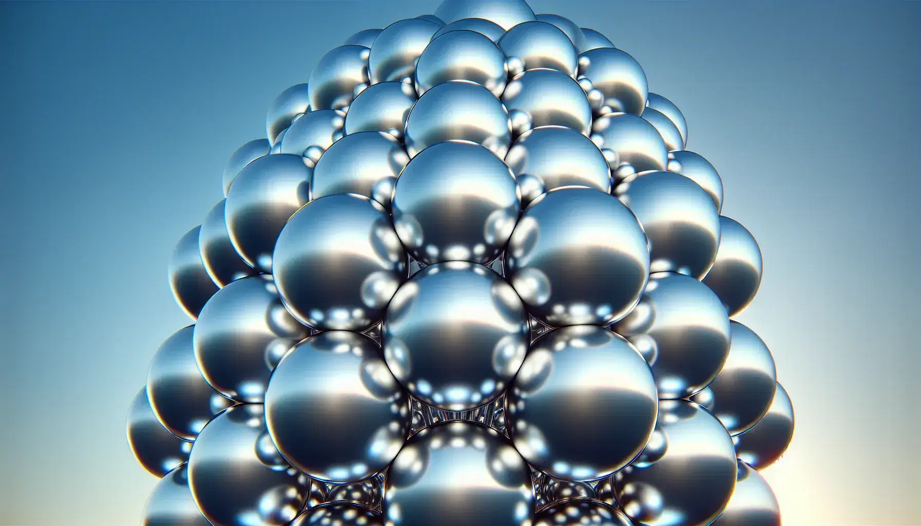 Cluster of shiny silver helium balloons floating against a gradient blue sky, with a central balloon in sharp focus and others blurring into the distance.