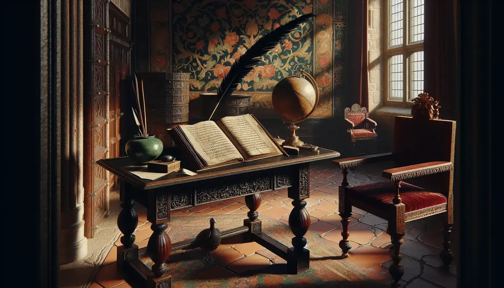 Estudio renacentista con mesa de madera oscura, libro abierto, pluma y tintero de bronce, globo terráqueo antiguo y silla tapizada en terciopelo rojo junto a una ventana.