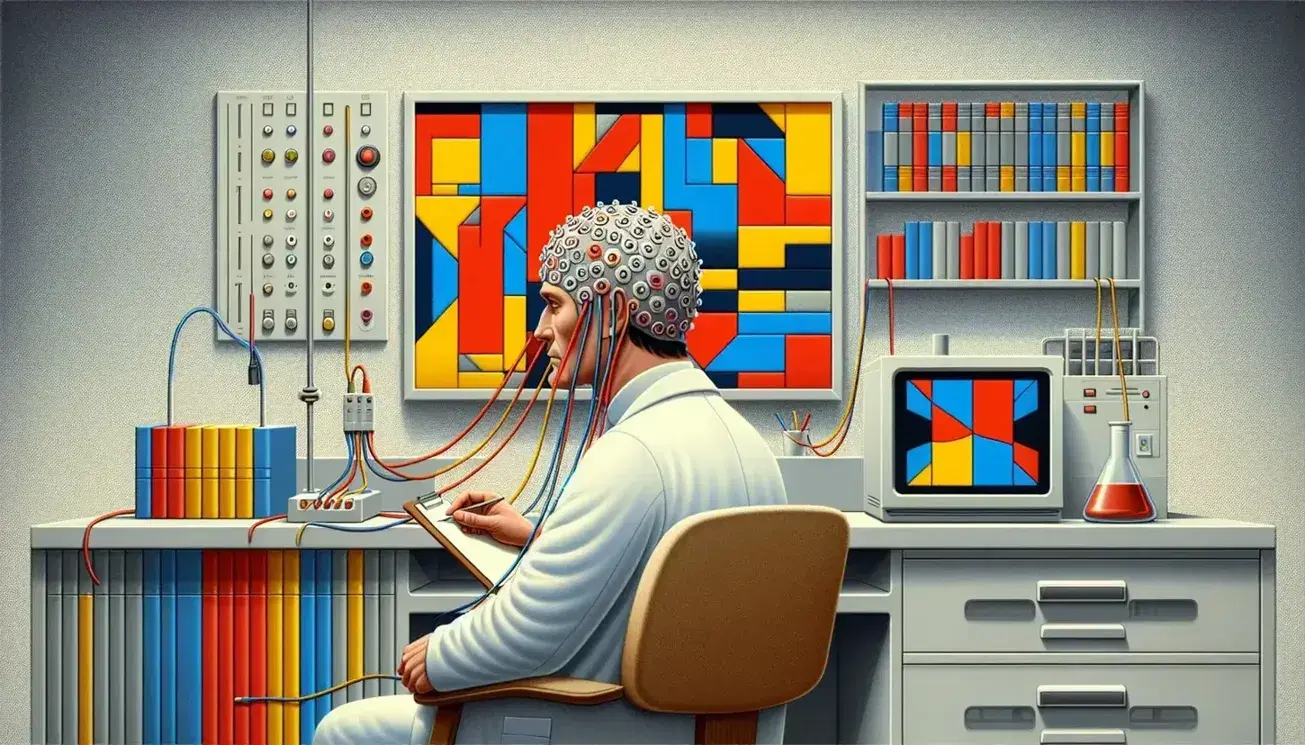 Participante con gorro de EEG observa formas geométricas en pantalla mientras investigador con bata blanca supervisa en laboratorio de psicología iluminado naturalmente.