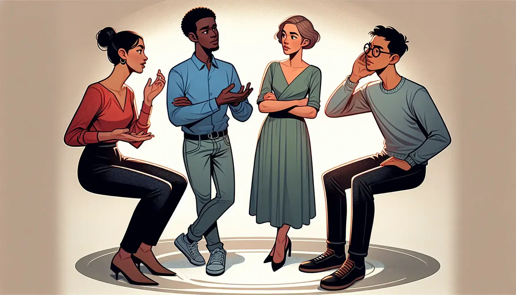 Four diverse professionals engaged in a discussion, with expressive body language indicating speaking, listening, and confusion, in a softly lit, neutral setting.