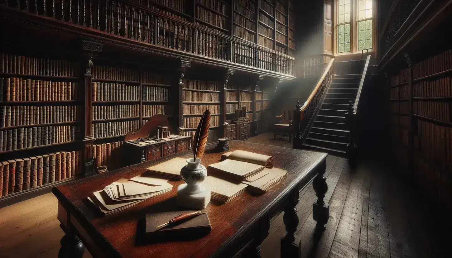 Biblioteca antigua con estantes de madera oscura llenos de libros, mesa central con tintero de porcelana y pluma, papeles y luz natural.