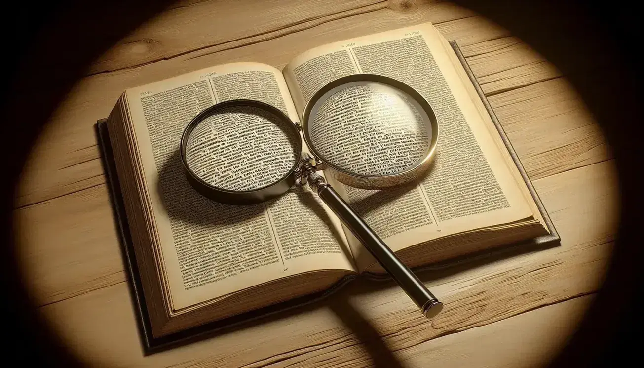 Close-up view of an open book with blurred text on a wooden table, accompanied by a magnifying glass and round-rimmed eyeglasses, in a warmly lit setting.
