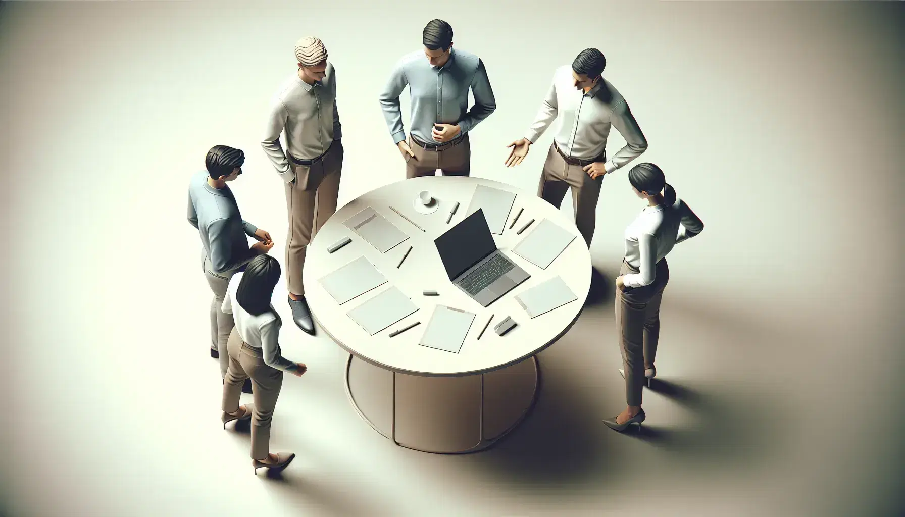 Grupo de cinco profesionales colaborando alrededor de una mesa redonda con un portátil, papeles y bolígrafos, en un ambiente de trabajo enfocado.