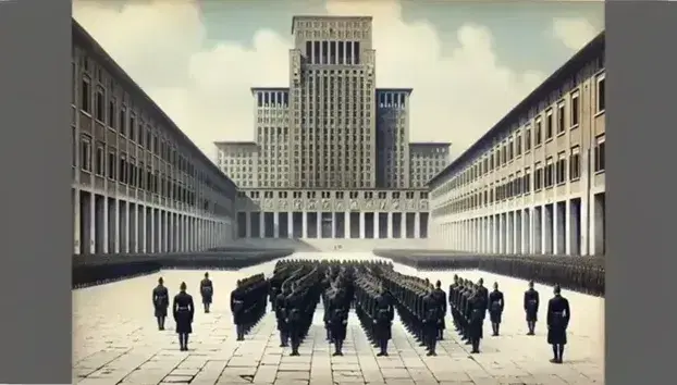 Piazza italiana anni '20/'30 con architettura razionalista, gruppo di uomini in uniforme nera che marcia con saluto romano su pavimento in pietra bianca.