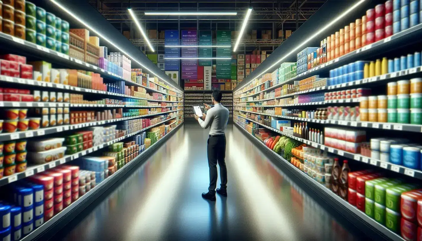 Supermarket aisle with organized shelves of unbranded products, person with handheld device checking inventory, bright lighting, and clean floors.