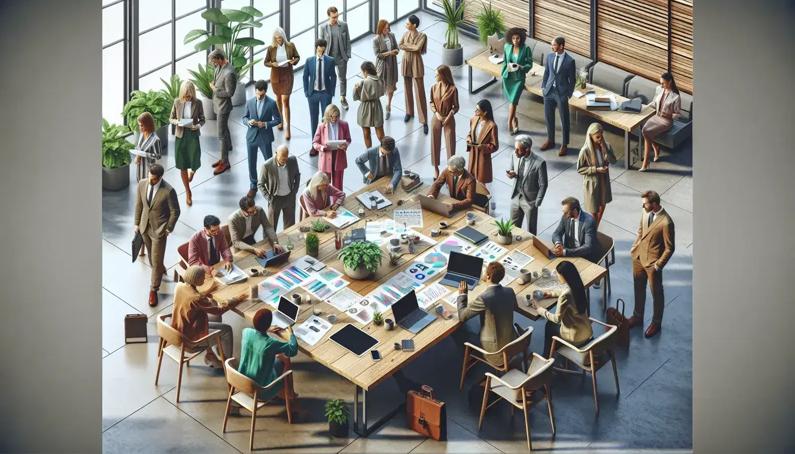 Grupo diverso trabajando juntos en una mesa con dispositivos electrónicos, papeles y bebidas en un espacio iluminado con luz natural.
