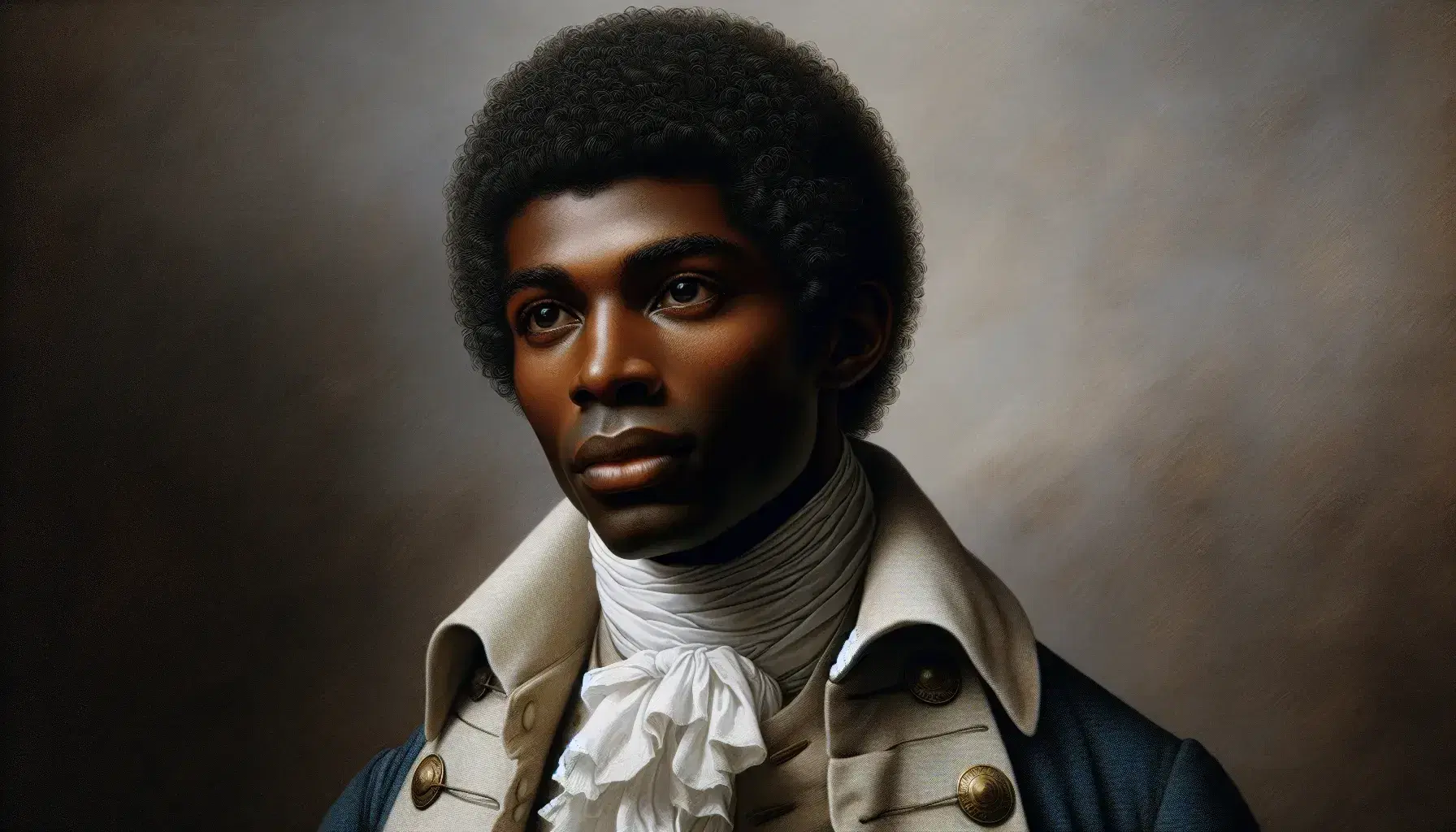 18th-century African man in blue coat with brass buttons, white ruffled shirt, and dark vest, gazing engagingly, with soft lighting and muted background.