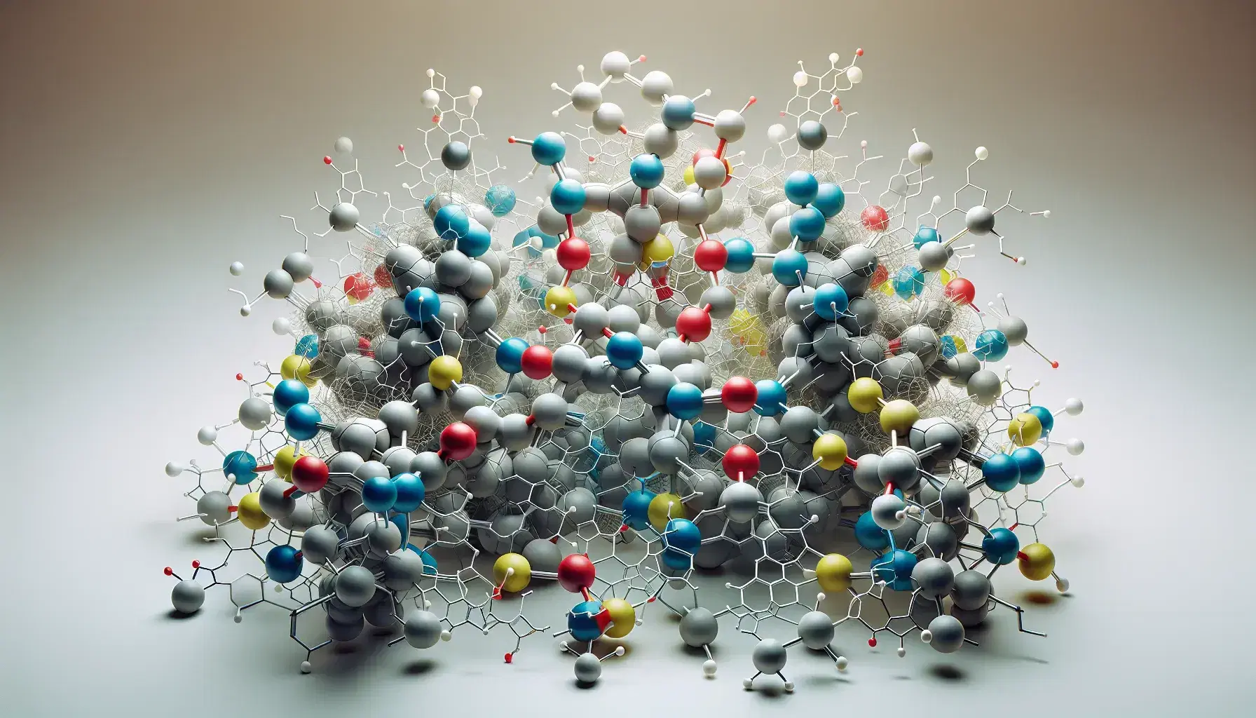 Estructura molecular tridimensional con esferas de colores conectadas por barras grises, formando una red compleja sobre fondo claro.