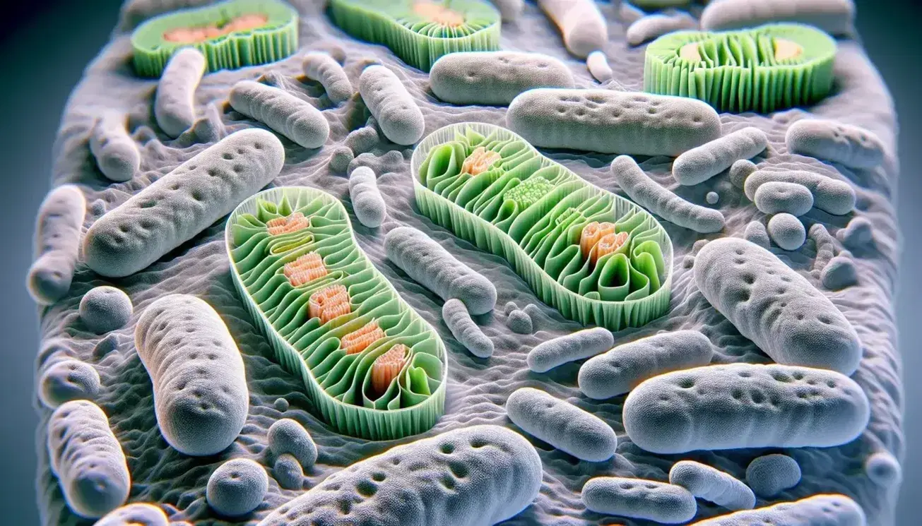 Mitochondri a forma di fagiolo e cloroplasti verdi ovali in una cellula vegetale, con dettagli tridimensionali e senza testo.