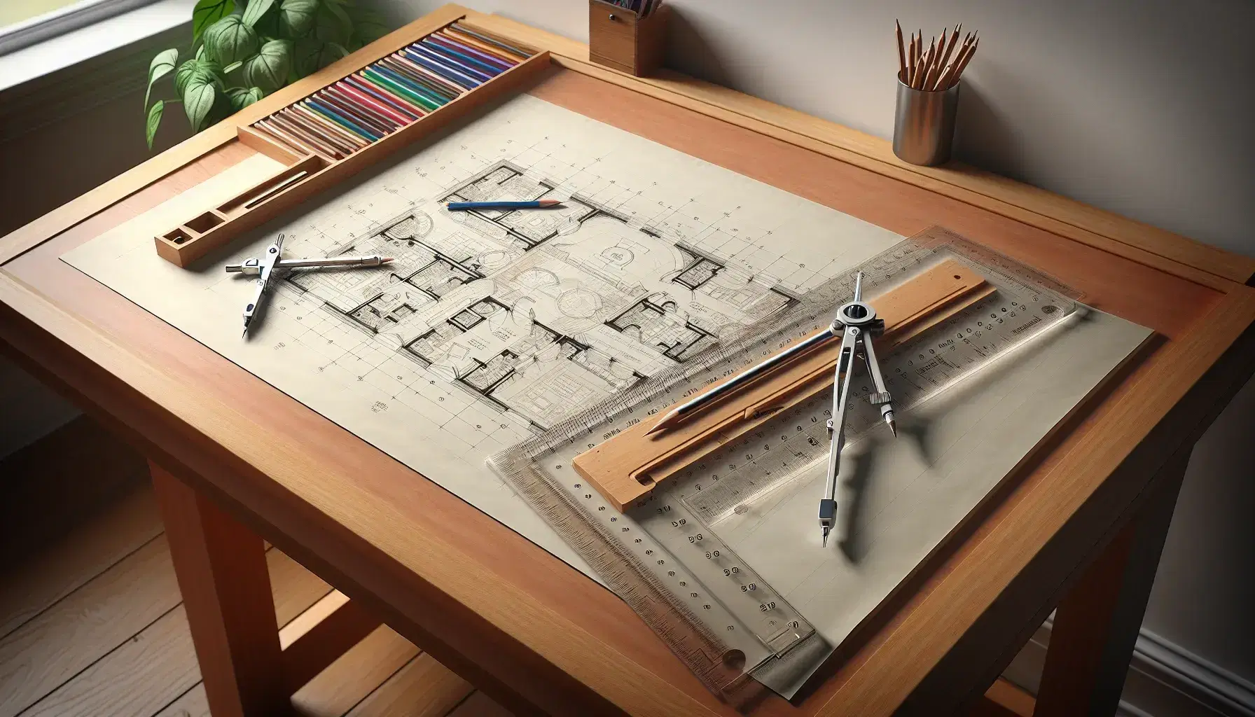 Drafting table with angled surface, white paper, transparent ruler, metal compasses, and a pencil-drawn architectural floor plan, alongside colored pencils and a potted plant.