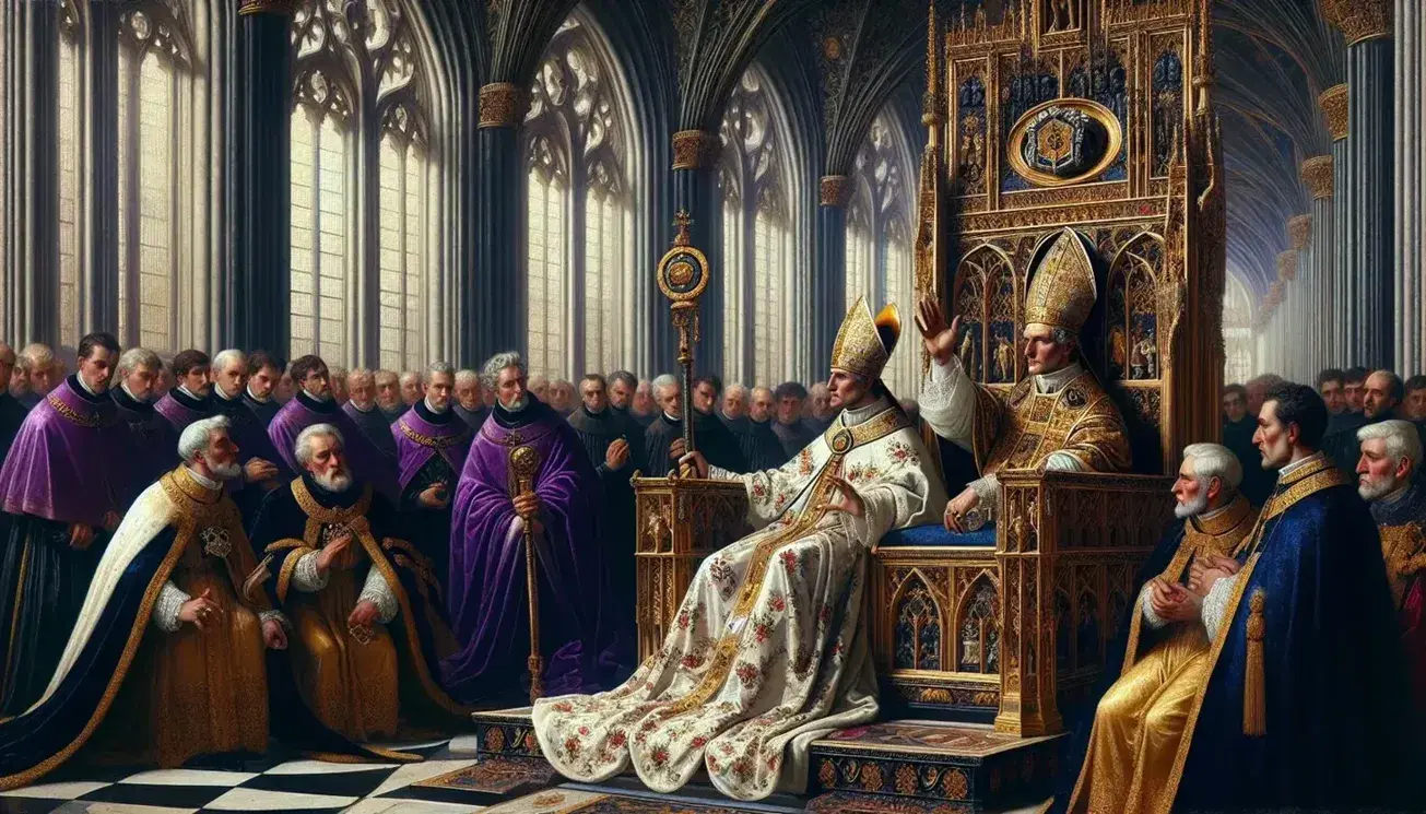 Scena medievale in sala del palazzo con figura papale in tiara d'oro e veste floreale, nobile in mantello blu e vescovi attenti, documenti sigillati in primo piano.