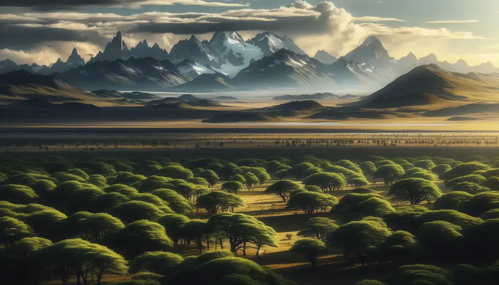 Paisaje de montañas nevadas con bosque templado en primer plano y llanura extensa hacia el horizonte bajo cielo nublado.
