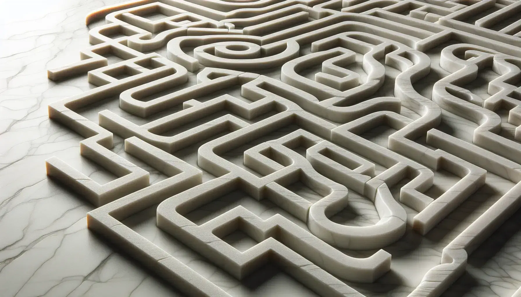 Close-up view of a white marble surface with a complex network of carved grooves forming a maze-like pattern, highlighted by soft shadows.