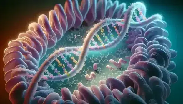 Translucent three-dimensional structure of double-stranded DNA with colored bases, purple and pink gradient ribbon protein, and brown-gray spherical prion on a blurry blue background.