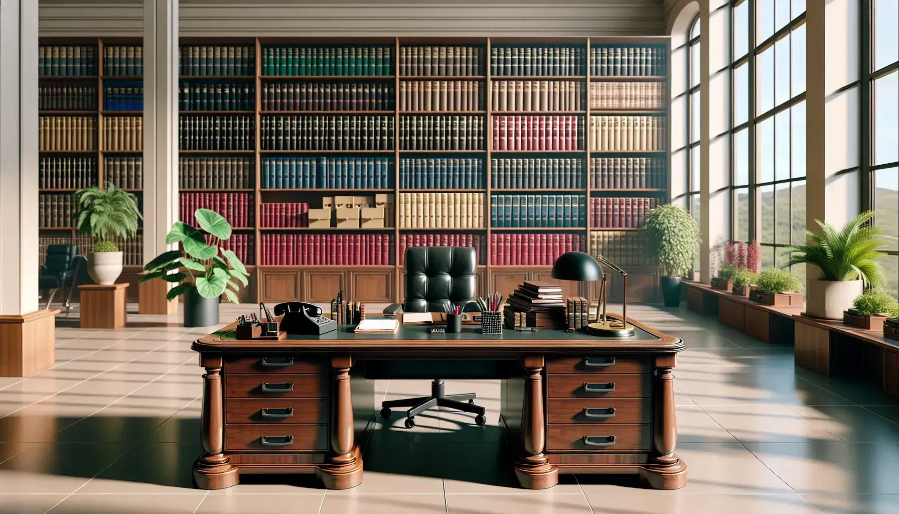 Oficina gubernamental iluminada con escritorio de madera, teléfono, calculadora, carpetas de colores, estantería con libros y cajas, y silla de oficina azul.