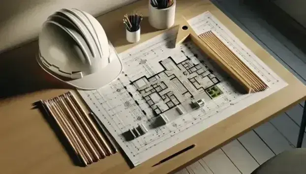 Mesa de trabajo de arquitecto con plano desplegado, casco de seguridad blanco, lápices de colores, escuadra de madera y maqueta de edificio.
