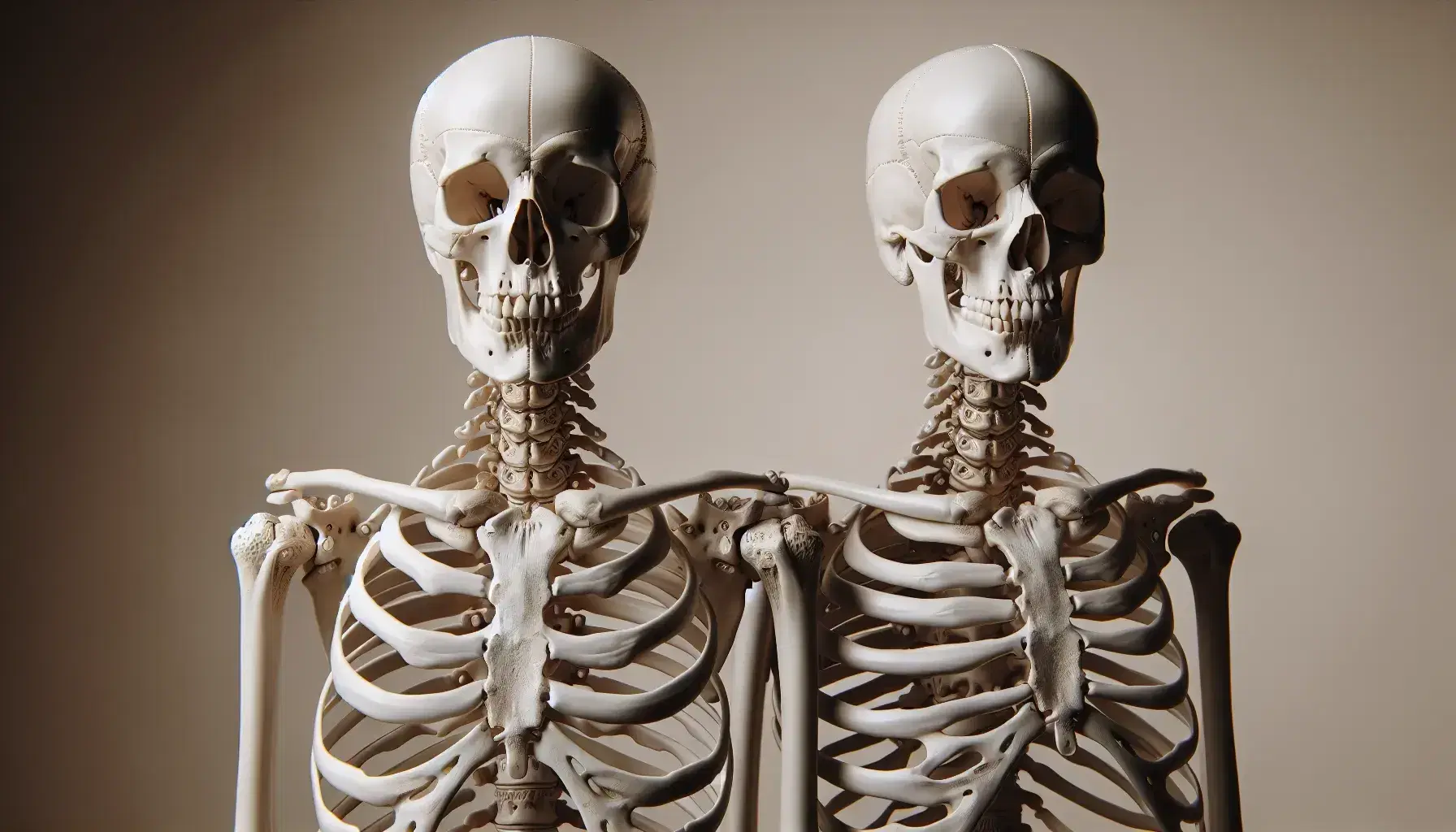 Modello anatomico dettagliato dello scheletro umano su sfondo neutro, con tutte le ossa visibili e dettagli craniofaciali marcati.