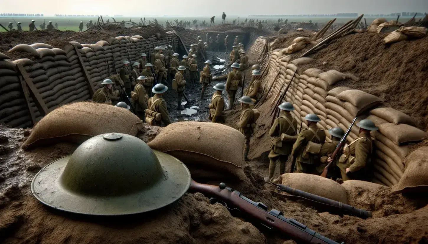 Casco militar de la Primera Guerra Mundial en primer plano con trinchera y soldados armados al fondo, en un paisaje devastado y cielo nublado.