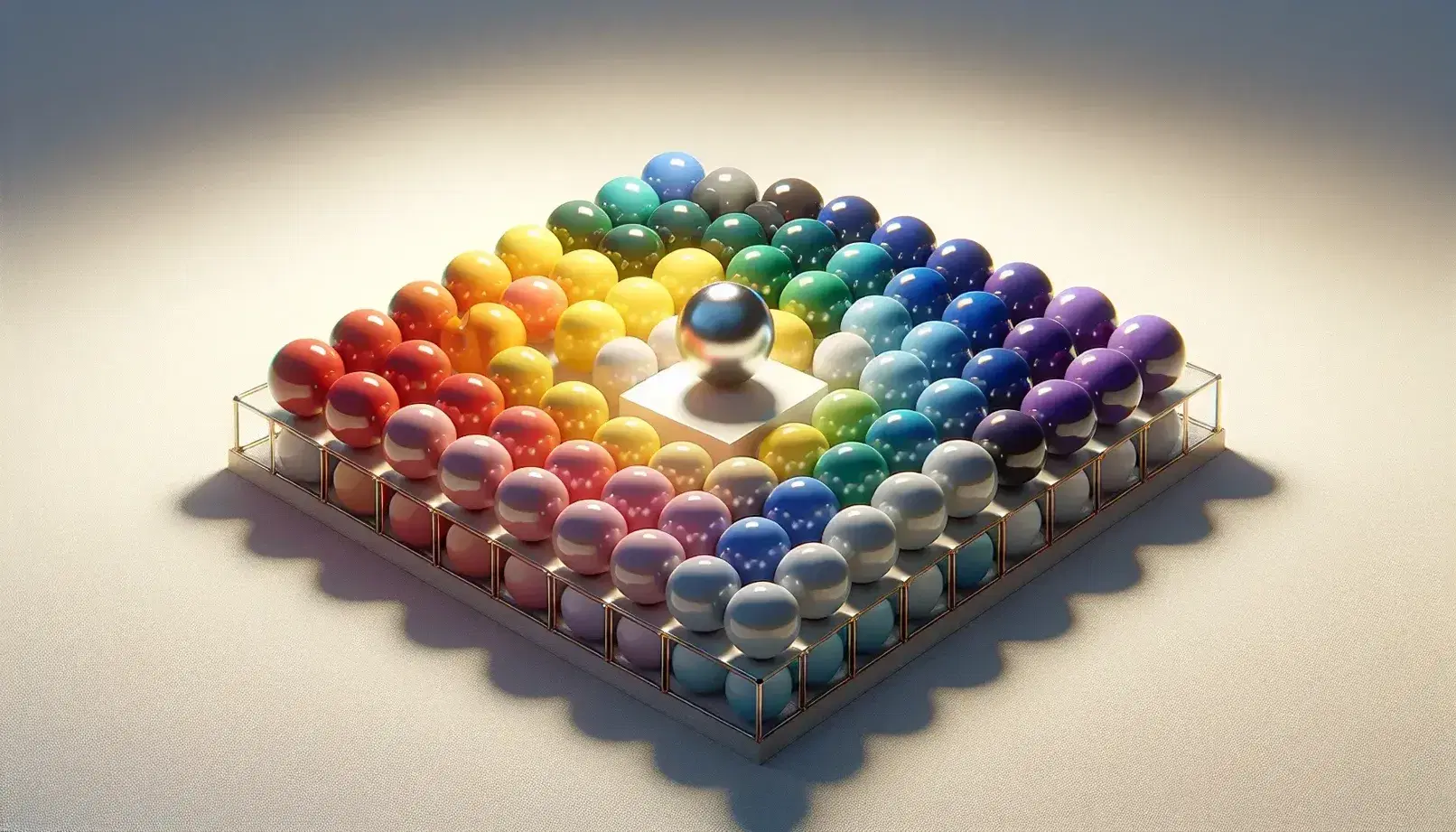 Colorful grid of 24 balls in red, blue, green, yellow, purple, orange, with a standout silver ball on a pedestal, casting soft shadows.