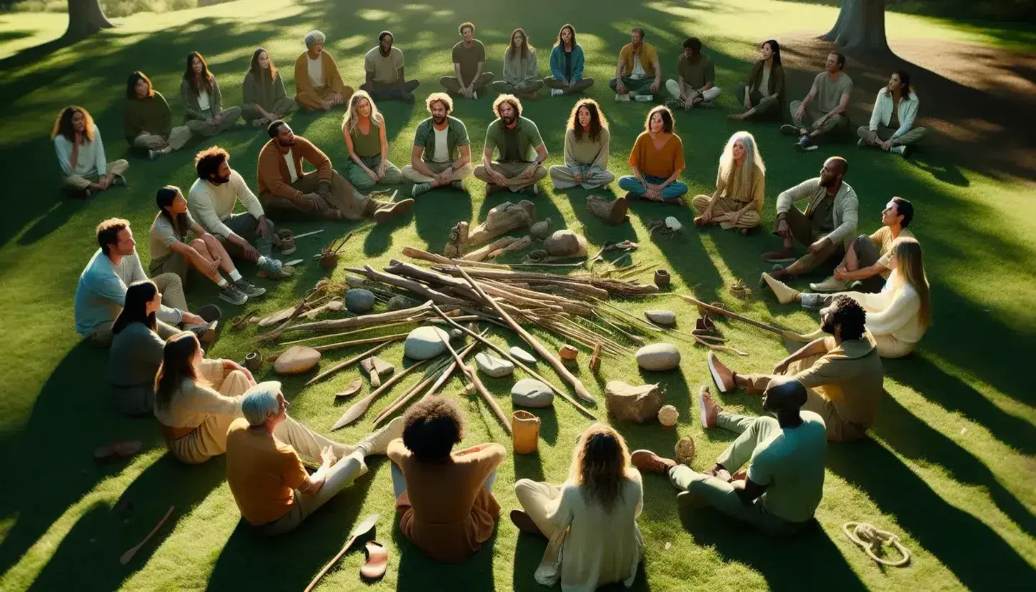 Grupo diverso de personas sentadas en círculo en un parque con herramientas primitivas en el centro, discutiendo activamente en un entorno natural soleado.