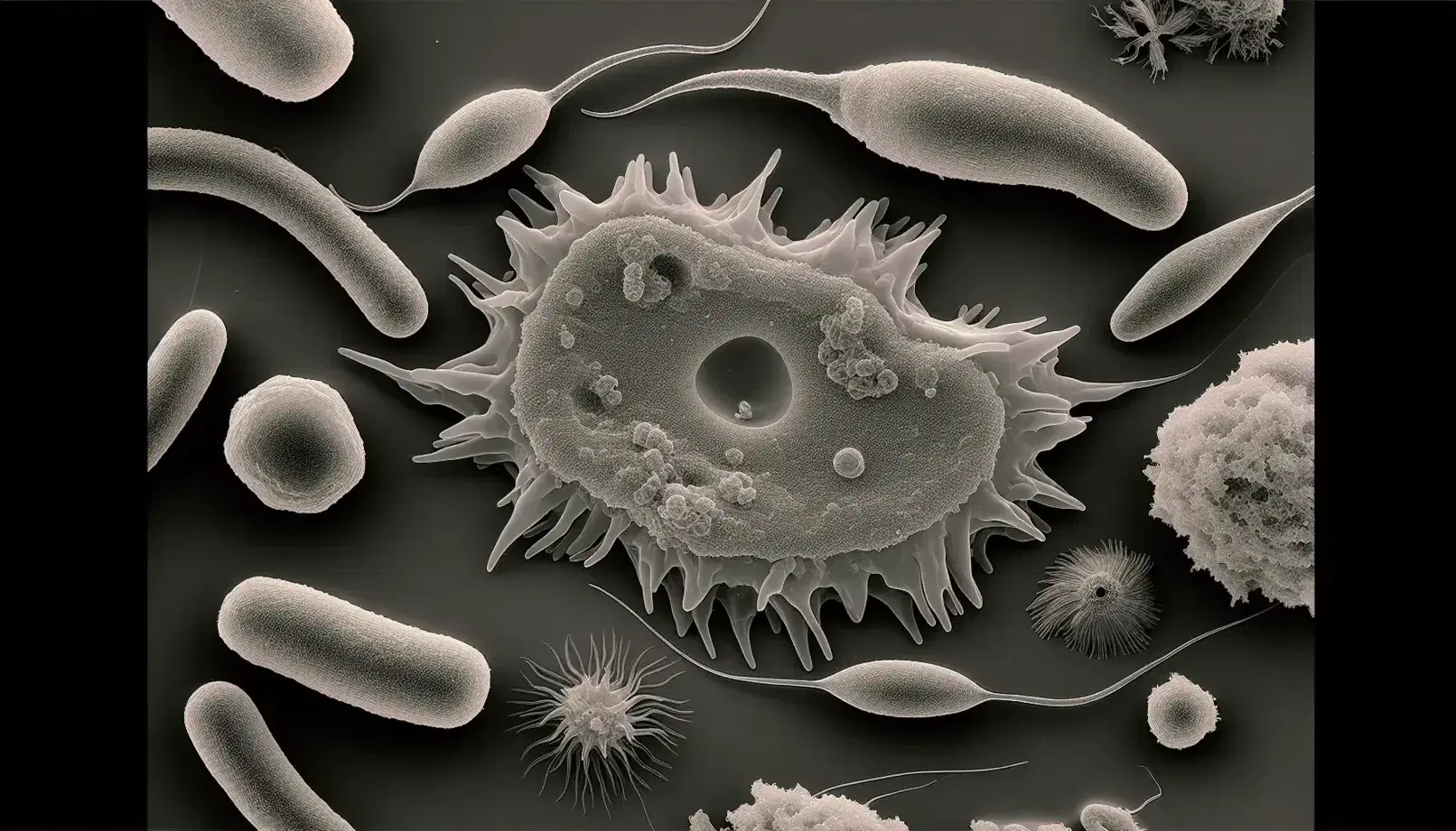 Vista microscópica de protozoos con una ameba central de pseudópodos visibles, flagelados a la derecha y un apicomplexa grisáceo en la parte superior izquierda.