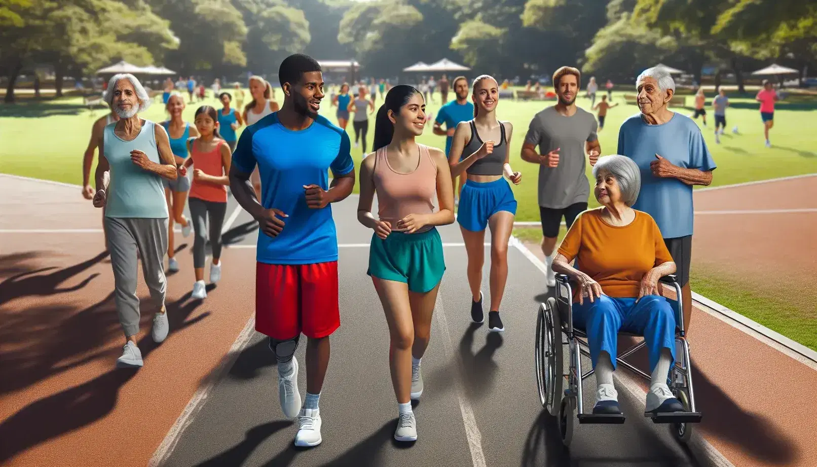 Grupo diverso realizando actividades físicas al aire libre en un parque, con personas corriendo, jugando con frisbee y estirando en un día soleado.