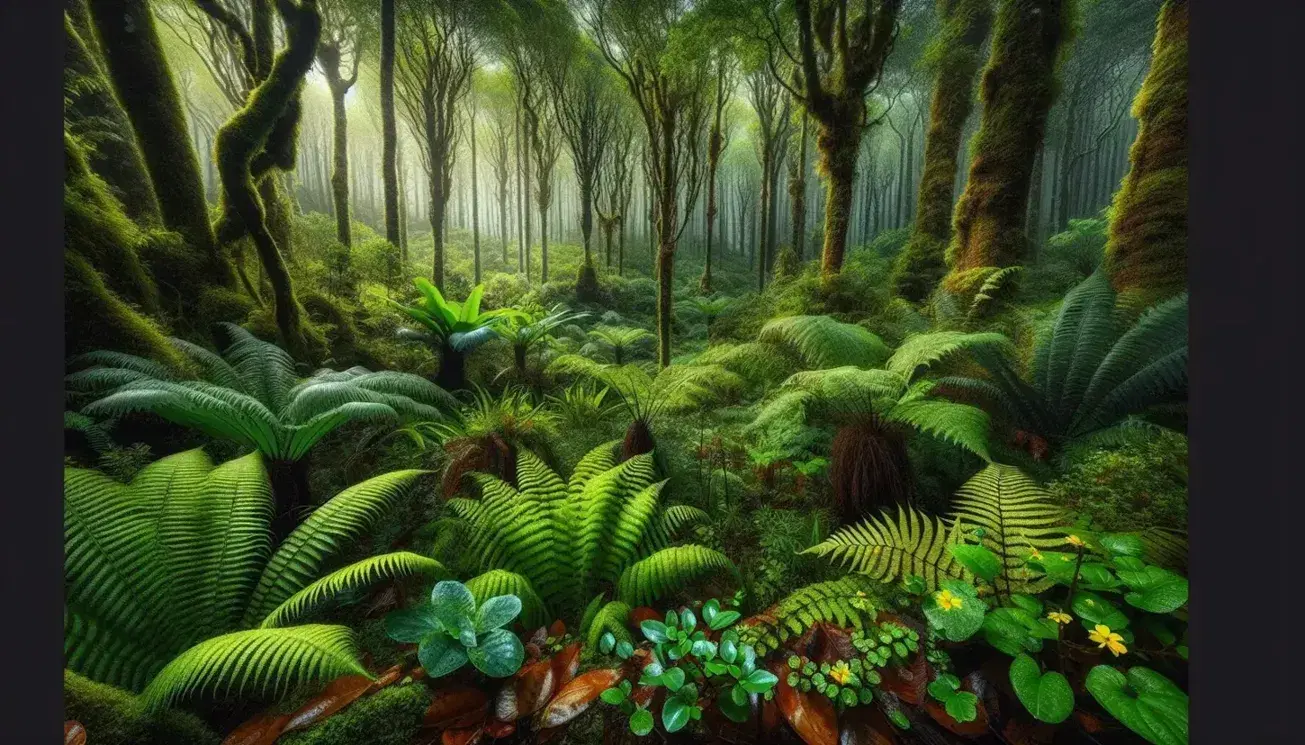 Bosque húmedo con helechos verdes, troncos de árboles marrones y dosel frondoso que filtra la luz solar, suelo cubierto de hojas caídas y flores pequeñas de colores vivos.