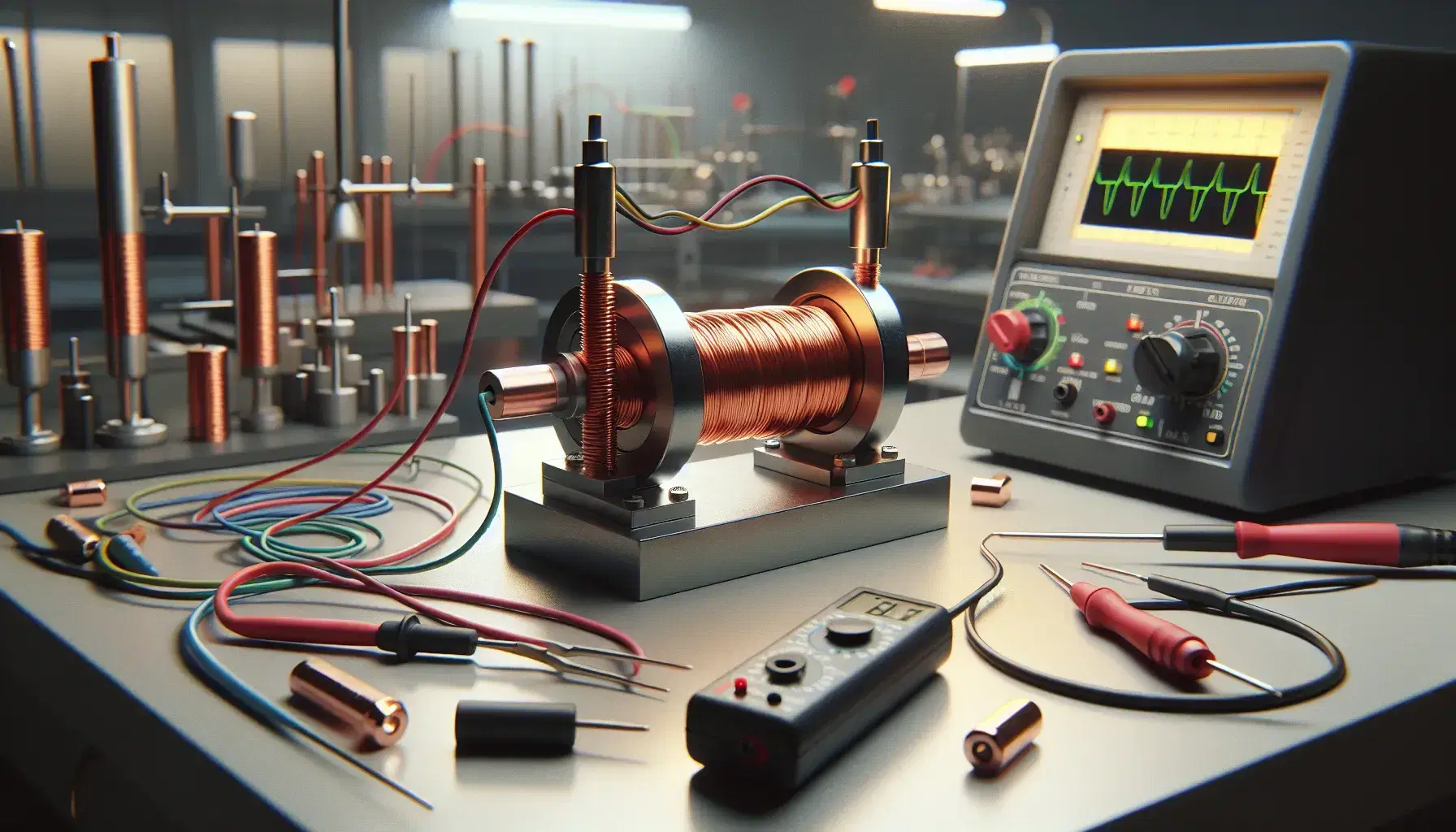 Banco di lavoro in laboratorio di fisica con solenoide avvolto in filo di rame, circuito elettrico, batteria cilindrica, nucleo di ferro dolce, multimetro digitale e oscilloscopio.