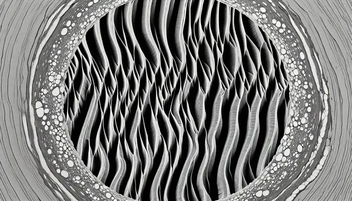 Microfotografia elettronica di tessuto muscolare scheletrico con striature parallele e sarcomeri, in scala di grigi.