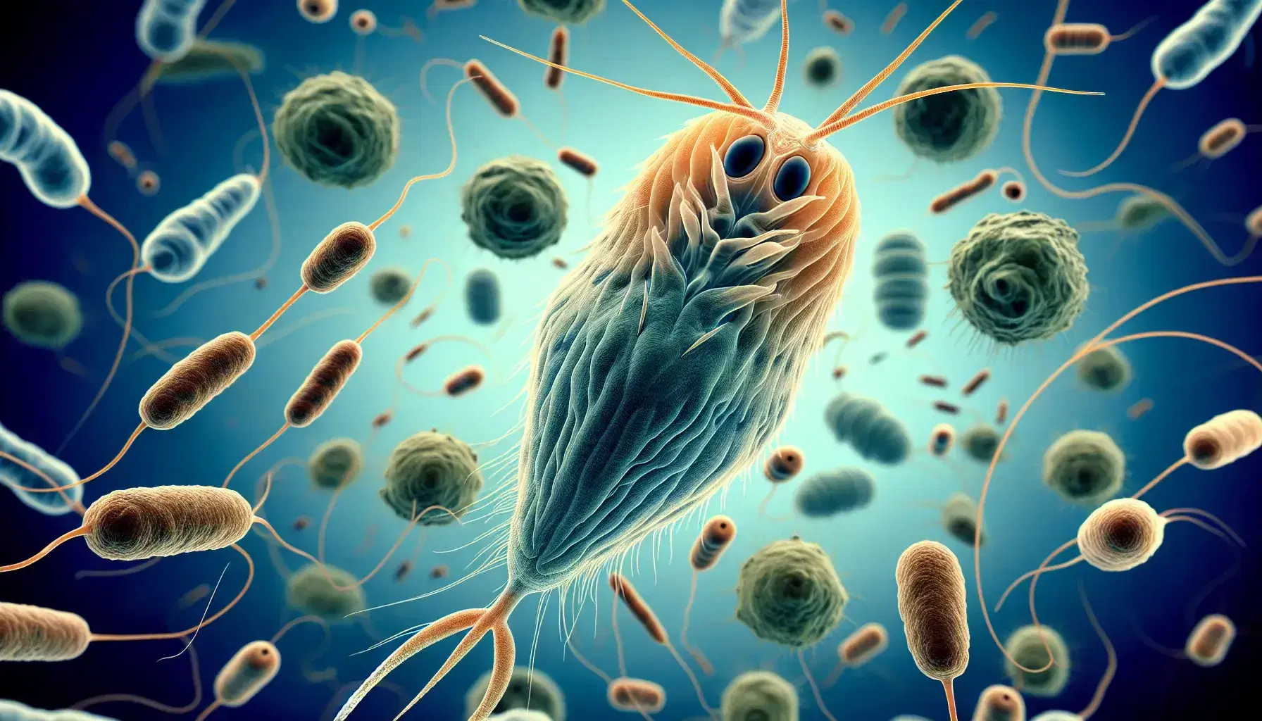 Microscopic view of Excavata organisms featuring Giardia lamblia with twin nuclei, Trypanosoma brucei, and Trichomonas vaginalis on a blue gradient.