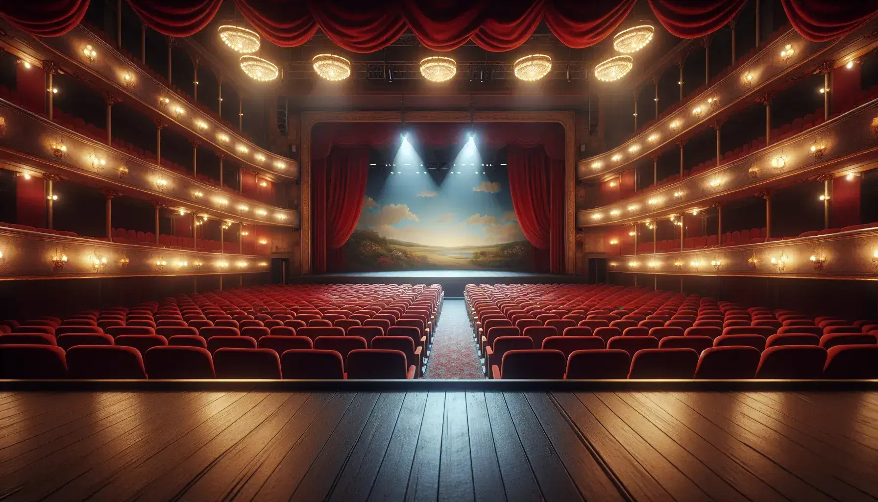 Escenario de teatro vacío con asientos de terciopelo rojo, iluminación cálida y cortinas abiertas que revelan un telón con cielo azul.