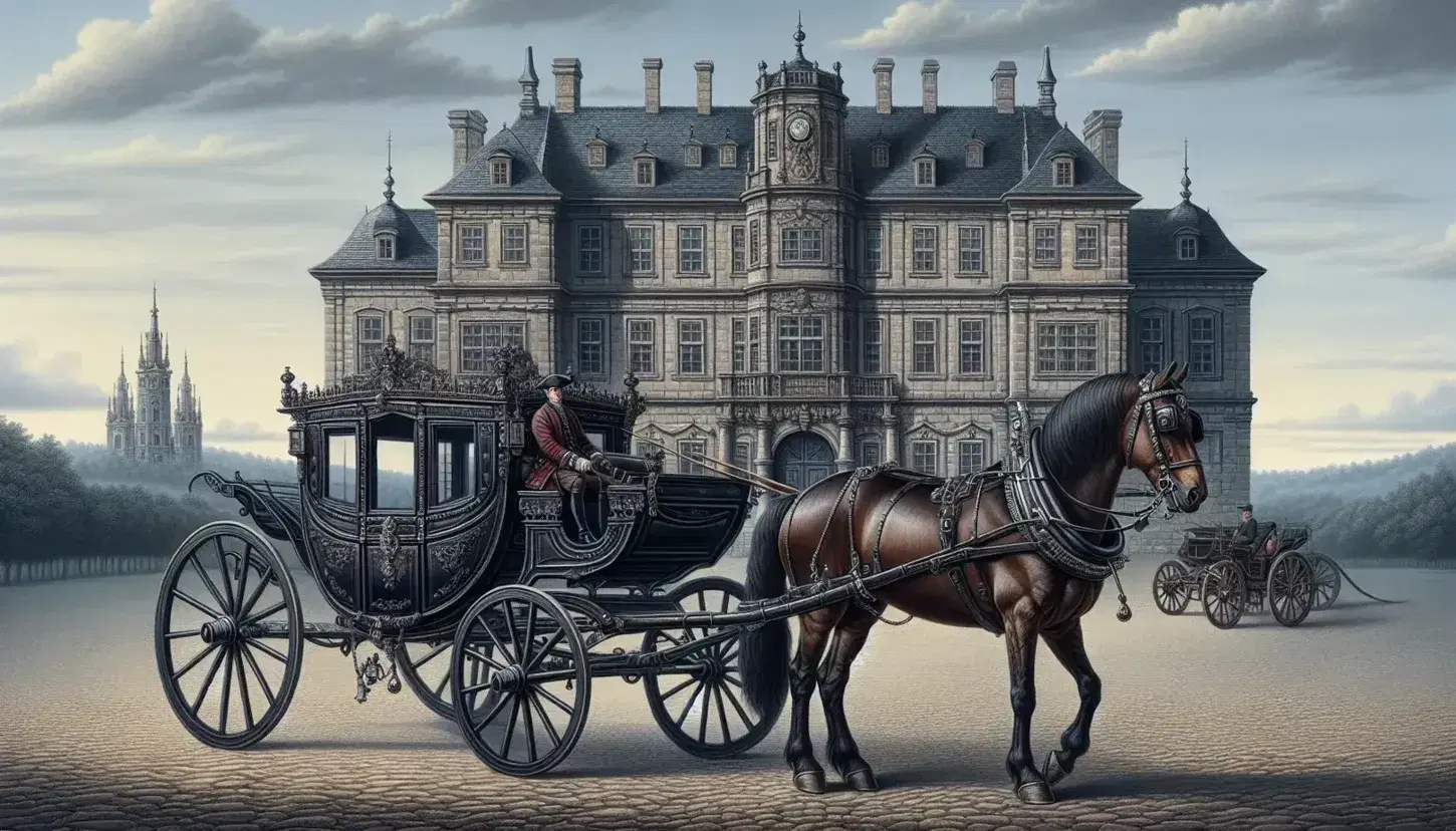 Carrozza in legno scuro del XVII secolo con dettagli metallici e ruote a raggi davanti a un palazzo nobile barocco, cavallo marrone attaccato e cocchiere in livrea.
