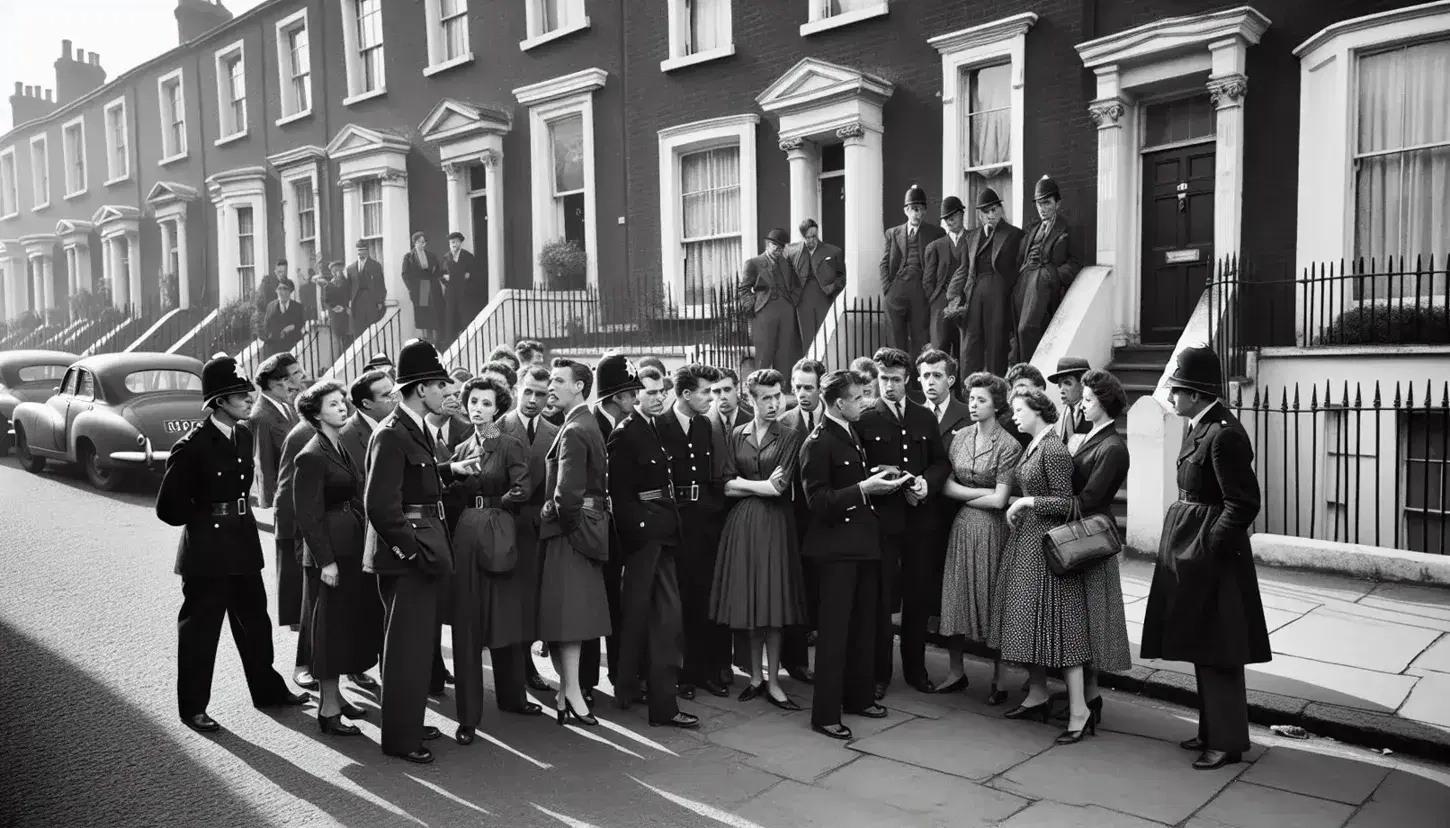1950s Notting Hill street scene with concerned pedestrians in period attire and police officers conversing, terraced houses and vintage car edge visible.